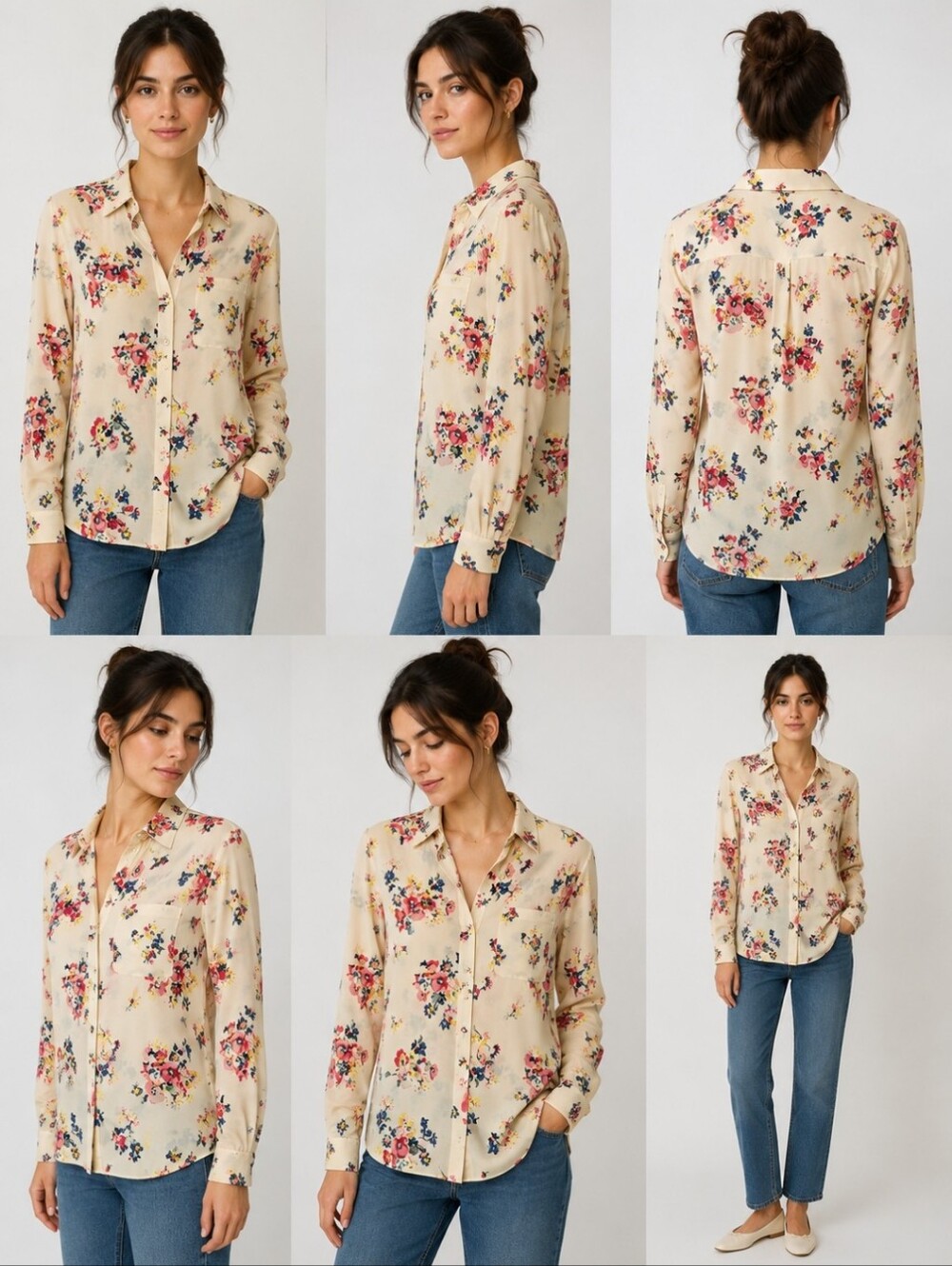 Sézane 100% Silk Floral Button Front Blouse Sz 34 Cream Paris French Cottagecore